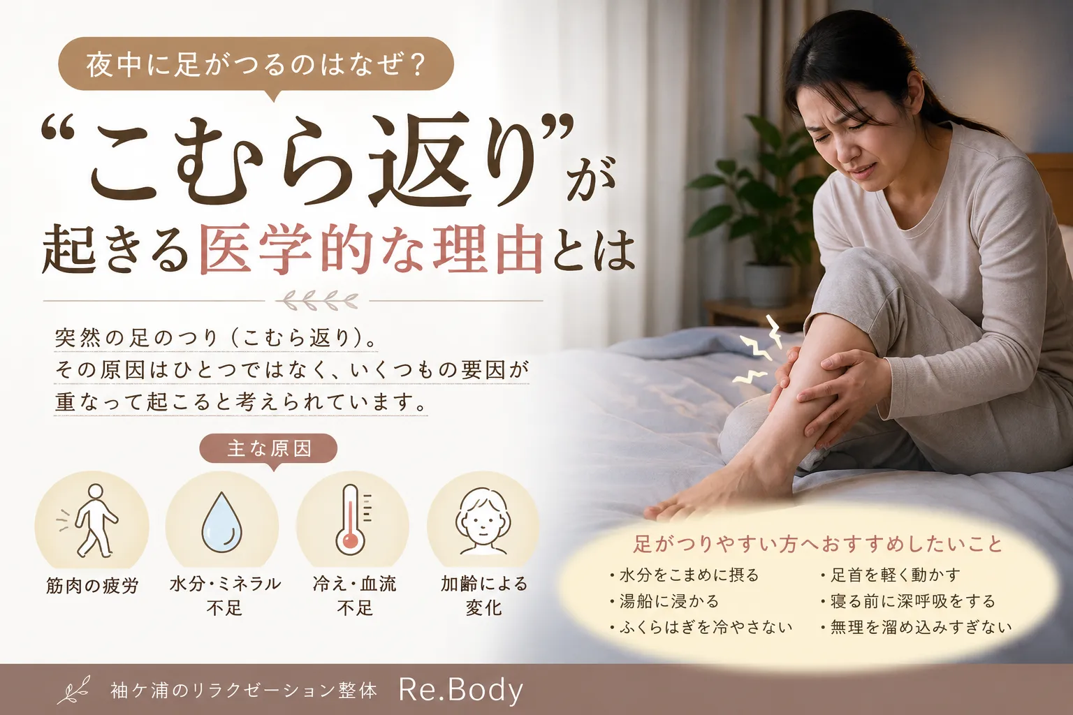 夜中に足がつるのはなぜ？“こむら返り”が起きる医学的な理由とは/袖ケ浦/リラクゼーション整体Re.Body
